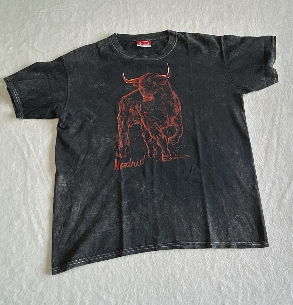 Burladero Madrid Bull Graphic Print T-Shirt Black Men's Short Sleeve L Cotton